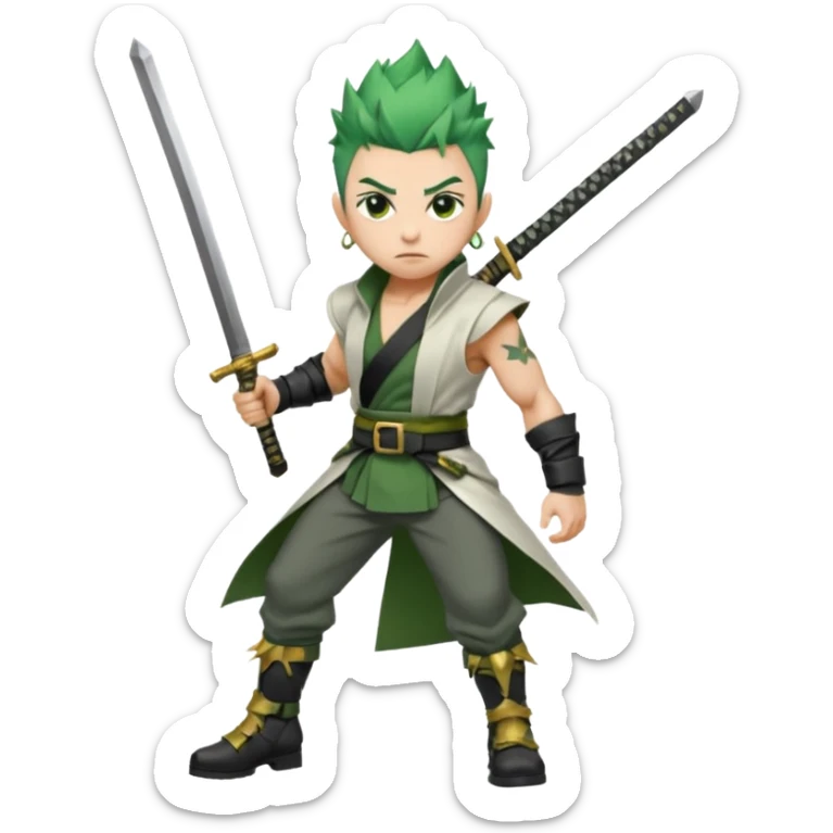 Muscular scarred warrior, short spiky moss-green hair, sharp steel-grey eyes, strong jaw, serious stare. Black trousers, boots, green sash with three katanas, open white coat, three gold earrings. Cinematic, ultra-realistic. (Roronoa Zoro) sticker