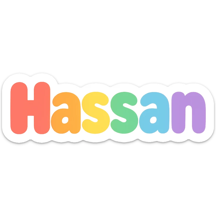 the name 'Hassan' in playful, rounded bubble letters, Slack emoji style, transparent background sticker