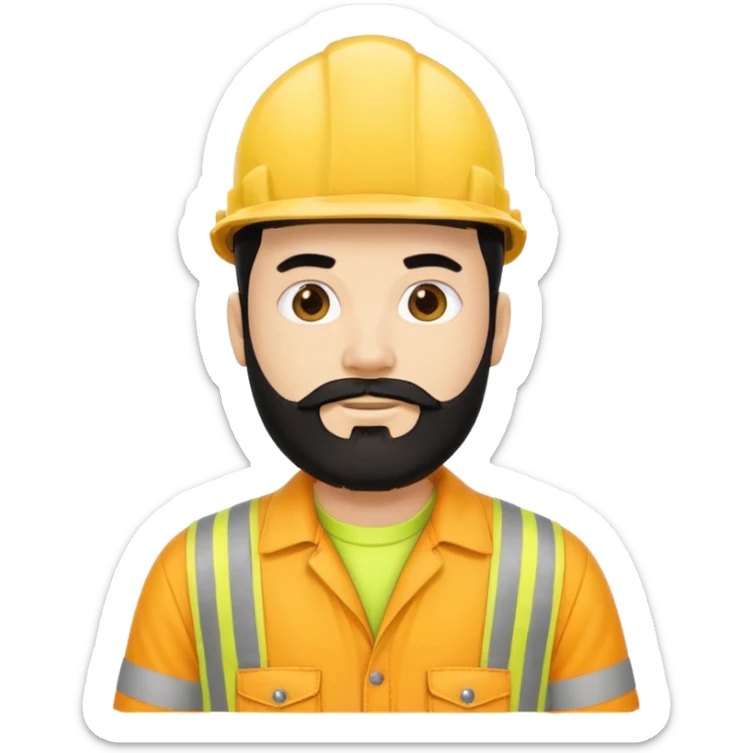 Man in yellow hi vis overalls, with black hair and full beard sticker