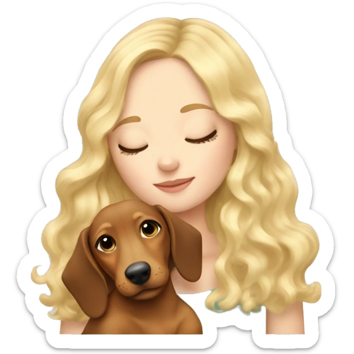 White girl blonde wavy hair closed eyes hugging dachshund sticker