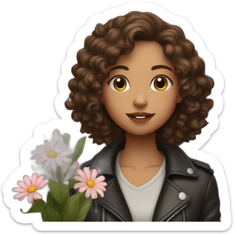 Long brown curly haired girl in leather jacket dreams about flowers  sticker