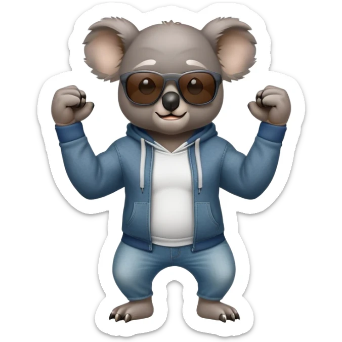 anthropomorphised koala, full body, wearing a hoodie and jeans, dark sunglasses, flexing muscles in a different pose sticker