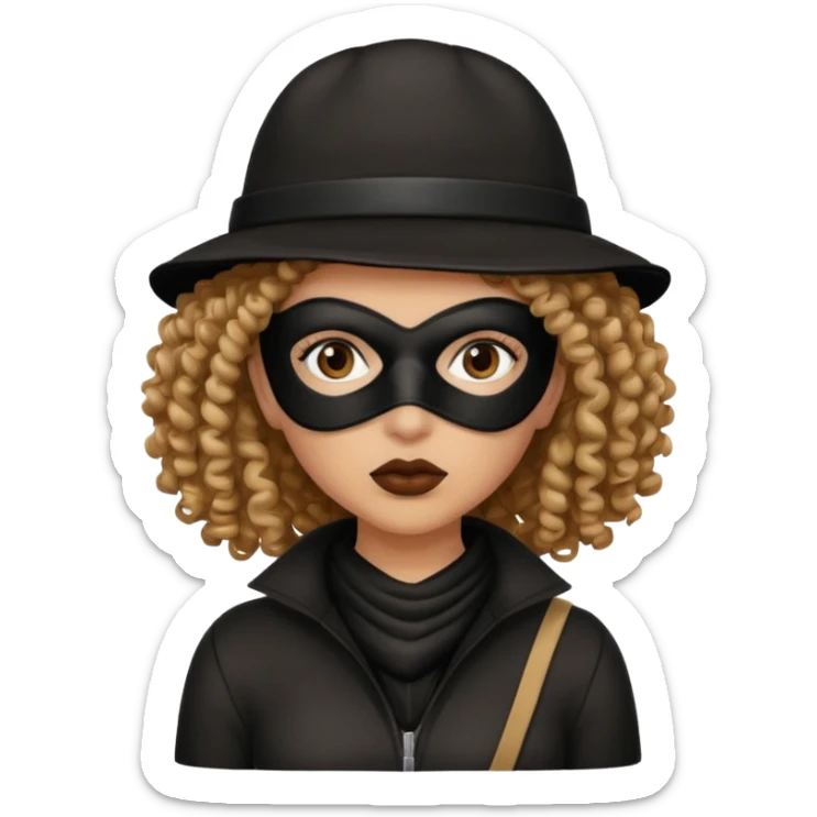 woman with robber mask concerned curly hair and robber outfit hat sticker