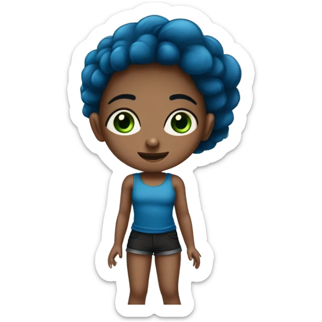 Niña con pelo marrón ojo verde con azules ropa una camiseta Top negro, unos pantalones Short azules sticker