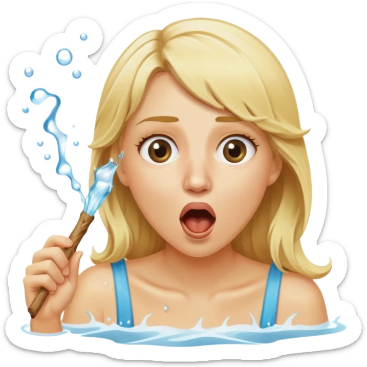 blond woman eating a stick the same color as her skin, water stream squirting directly from the stick into her open mouth, surprised expression sticker