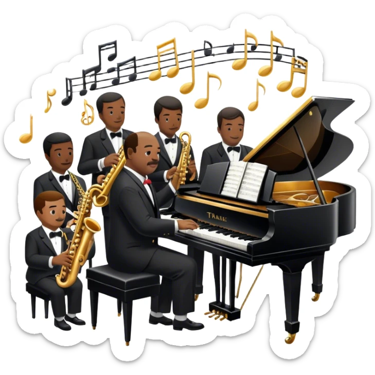 Icon for Jazz Music: Count Basie Orchestra, with Count Basie at the piano surrounded by jazz musicians playing instruments like saxophones, trumpets, and drums. Floating musical notes should capture the energetic and smooth vibe of big band jazz. Transparent background. sticker