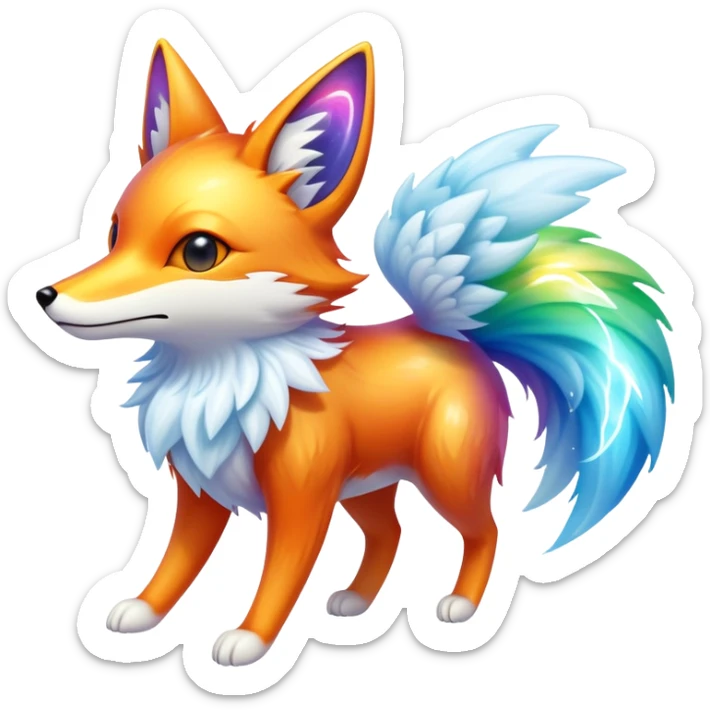 A cloud-dwelling creature made of vapor and static electricity, shaped like a winged fox that leaves rainbow trails as it flies and can condense parts of itself into water or ice projectiles. sticker