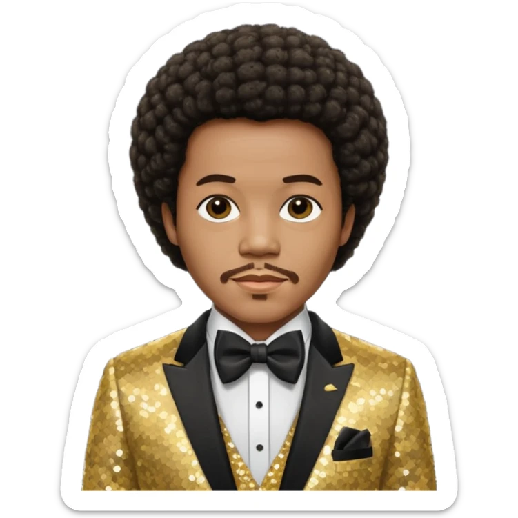 Quincy Jones with dark brown short afro hair, gold sequin suit with bow tie  sticker