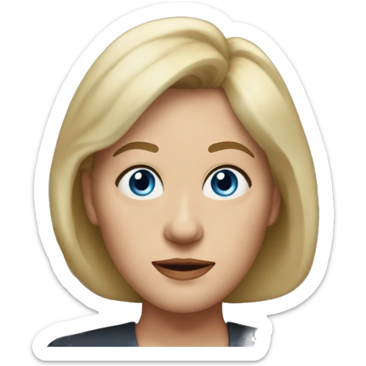 widow with blonde, shoulder length hair with bangs all across forehead and sides swept back from face, blue eyes,  60 years old, 180 pounds sticker