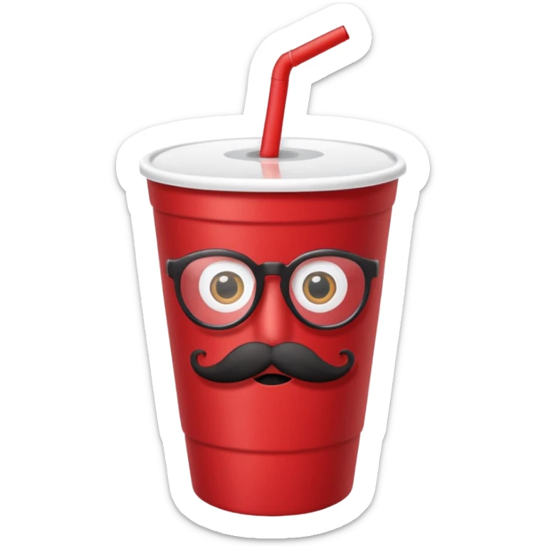 paper red cup and white straw, the cup has eyes and mouth and glassess and mustache sticker