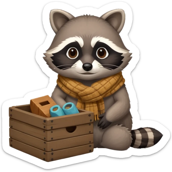 A raccoon with worn-out scarf, sitting next to a tiny box of collected belongings, staring curiously with round sad eyes.
 sticker