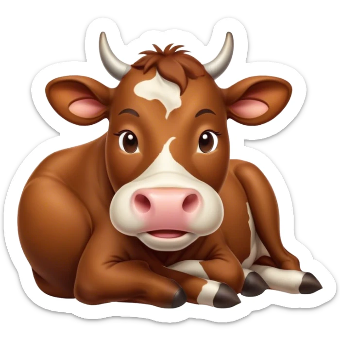 Meme-Worthy Cute Sleeping Brown Cow Portrait Emoji, Head resting peacefully with a contented smile, showcasing a robust build and a luxuriously soft deep brown hide, eyes shut in a serene, restful nap, Simplified yet hilariously adorable features, highly detailed, glowing with a soft, drowsy light, high shine, relaxed and utterly lovable, stylized with an air of playful laziness, bright and heartwarming, soft glowing outline, capturing the essence of a comically sleepy cow, so meme-worthy it feels like it could instantly become the next viral sensation of adorable slumber! sticker
