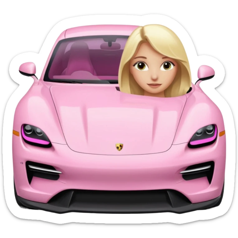 Pink porsche taycan with blonde girl in front of it sticker