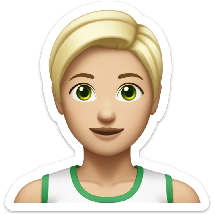Short white woman with green eyes, short blonde hair with a mole under her bottom lip wearing workout clothes and being strong ￼ sticker