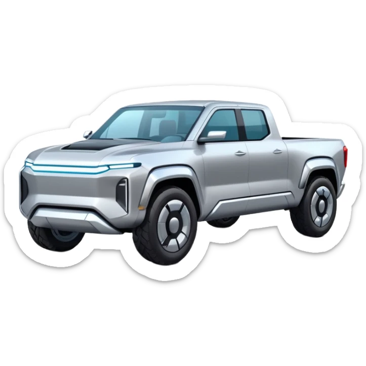 A futuristic electric pickup truck emoji, silver chrome body, angular cyber design, smooth metallic panels, subtle reflections, minimalistic proportions, iOS emoji style, centered composition, clean white background, soft lighting sticker