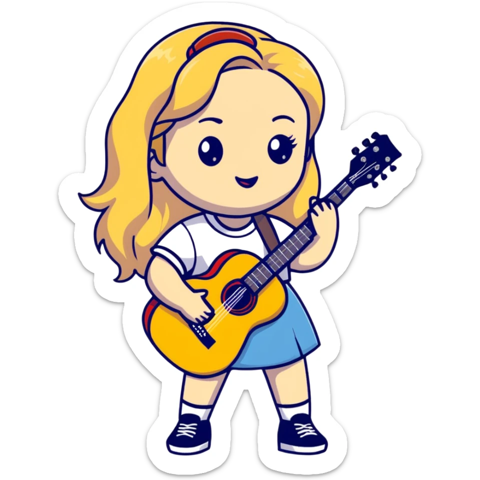 Cute cartoon blonde singer with guitar, inspired by Sabrina Carpenter sticker