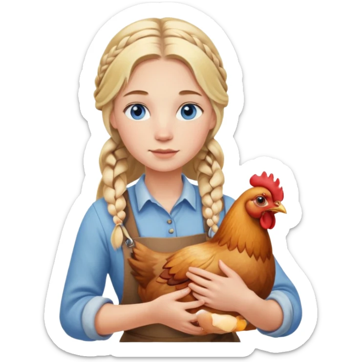 Homesteader girl long blonde braids and blue eyes holding a chicken  sticker