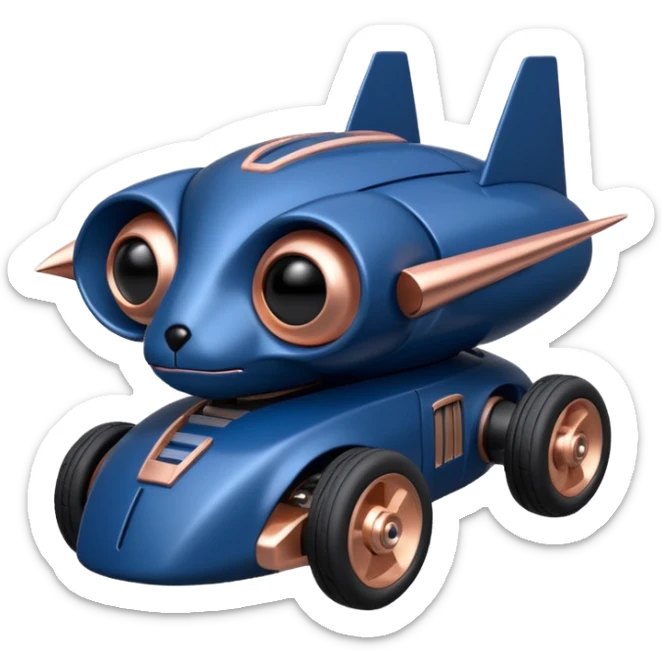 Real-proportional dark blue and rosegold-accented  racing car for furry-faced  evil alien scary robot teddy bear with rear spoiler (Star Wars style) sticker