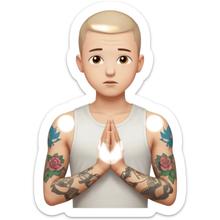 A 20 year old white man with a buzz cut and tattoos all over his arms and chest. Pleading face with hands praying wearing a white tanktop sticker