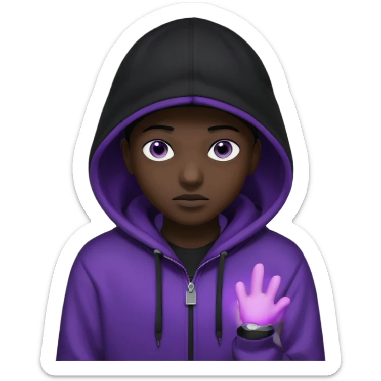 Cartoon blacked character related to a shadow, with all black clothes, focusing a hoodie with his cap on, no visible face because of the darkness, just his purple shadow eyes making a light bloom sticker