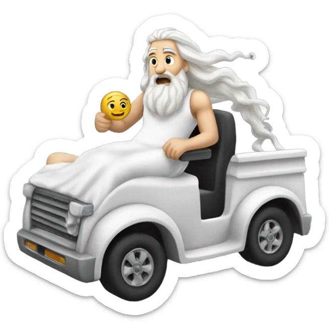 white man Poseidon driving truck. long white hair white dress. driver sticker