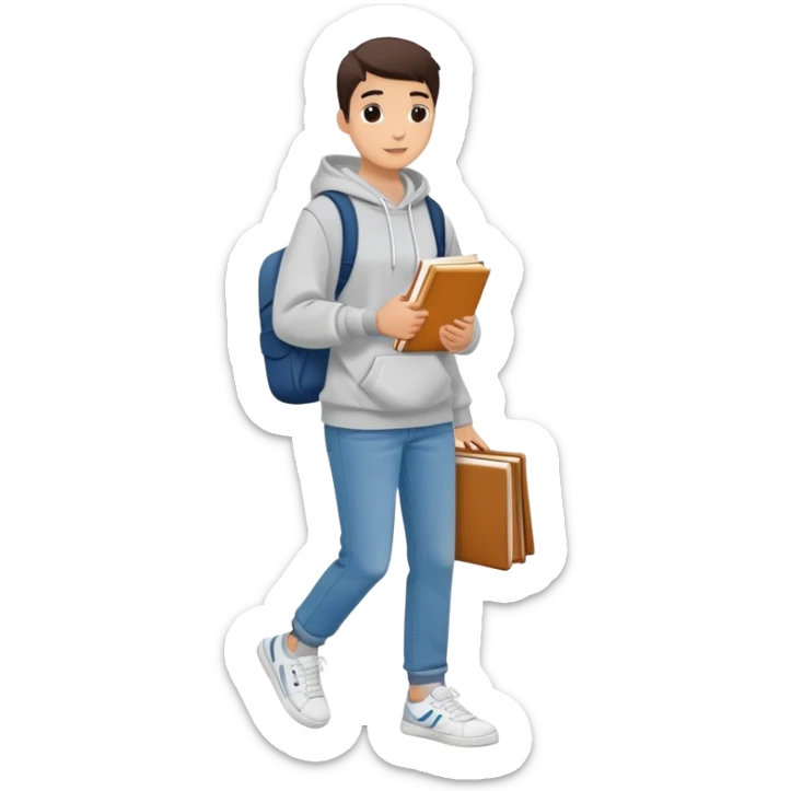 A flat-style illustration of a college student with a tote bag over the shoulder and a book in one hand. The student wears a hoodie, jeans, and sneakers. Clean cartoon style, white background, iOS emoji aesthetic. sticker