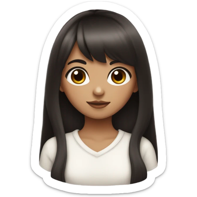 Dark brown haired pretty girl with olive skin with straight across bangs and long hair holding a black and white cat sticker