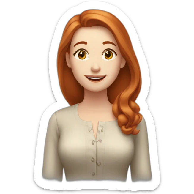 redhead white woman with medium long straight hair, greetting, wearing romantic blouse sticker