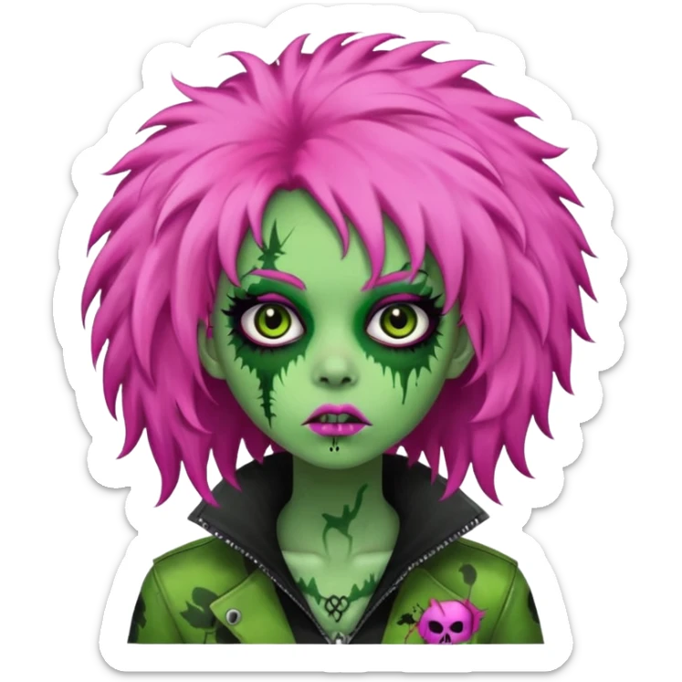 girl, green zombie,pink afro, long, emo, shaggy, dark, spooky,creepy expression sticker