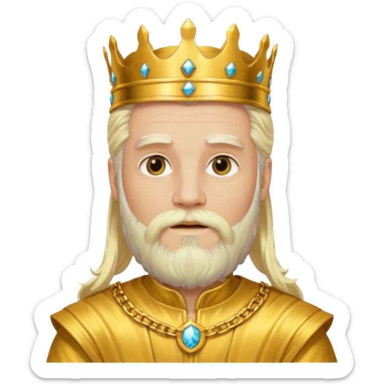 King Midas with long platinum blonde hair and beard, gold outfit sticker