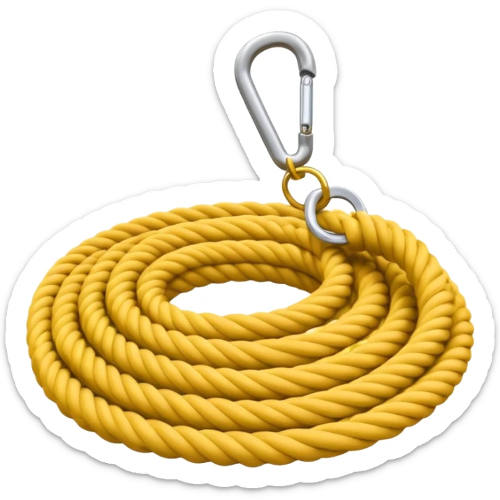 A 3D cartoon coiled climbing rope with a carabiner, golden color, resting on a rocky surface, realistic soft shadows, Memoji-style rendering. negative : Flag. sticker