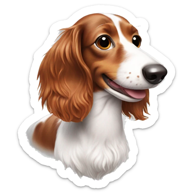 Long haired white and red piebald dachshund smiling with freckles whole body sticker