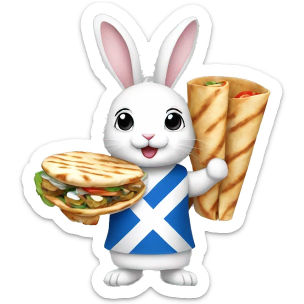 Bunny rabbit wearing Greek flag and holding gyros pita wrap sticker