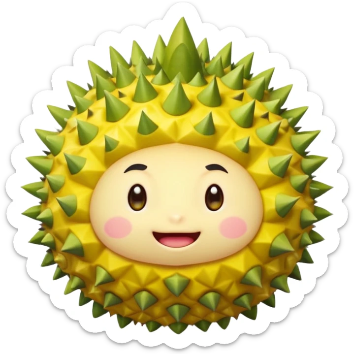 round durian character with green spiky shell and yellow flesh, blushing and shy with sparkly eyes sticker