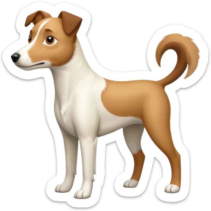 a full body large white parson russell looking dog the size of a kelpie with light brown flapped down ears and a light brown patch on one eye and a large snout sticker