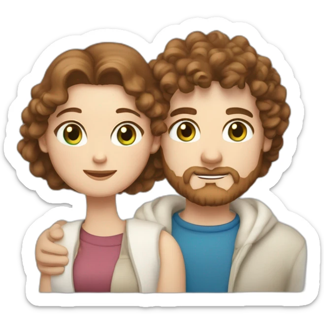 Couple, hugging, white European man with brown curly hair and blue eyes. chubby wphite woman with long light brown curly hair and blue-green eyes. sticker
