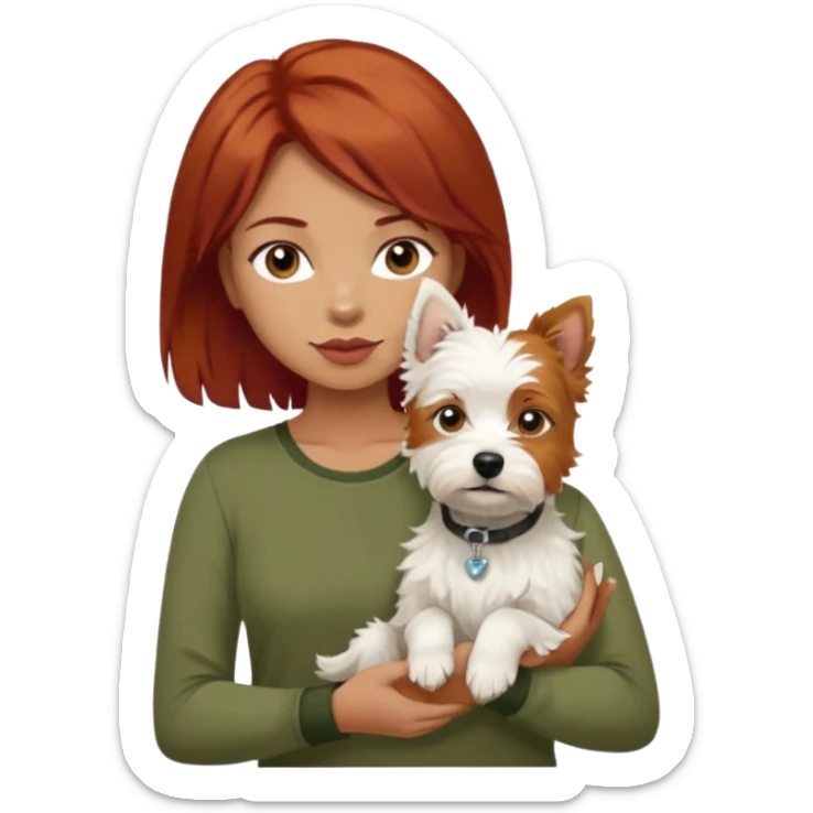 Westhighland white terrier dog being held by woman with dark shoulder length red hair and hazel eye wearing olive green top sticker