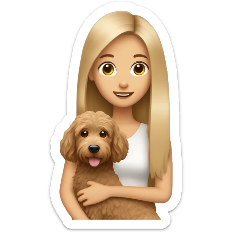 fan girl with long straight hair holding tan labradoodle sticker