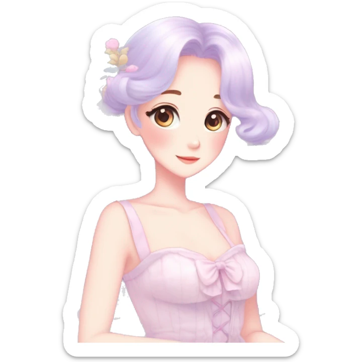 Gorgeous pastel anime style lady with blushing face and a dress cottagecore fairycore pastelcore colorful pearly romantic simplistic aesthetic trending style sticker