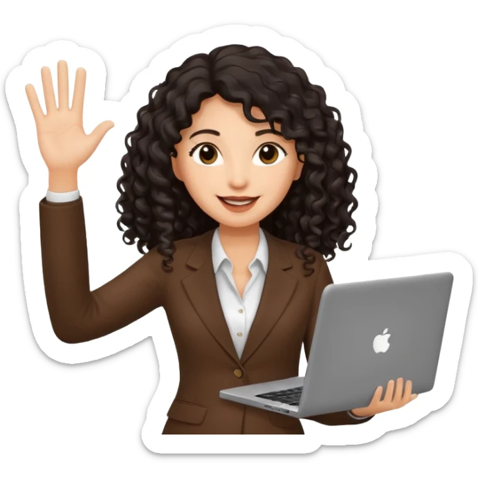medium deep tan brown business woman with long black curly hair, waving hand with happy face and holding a laptop sticker