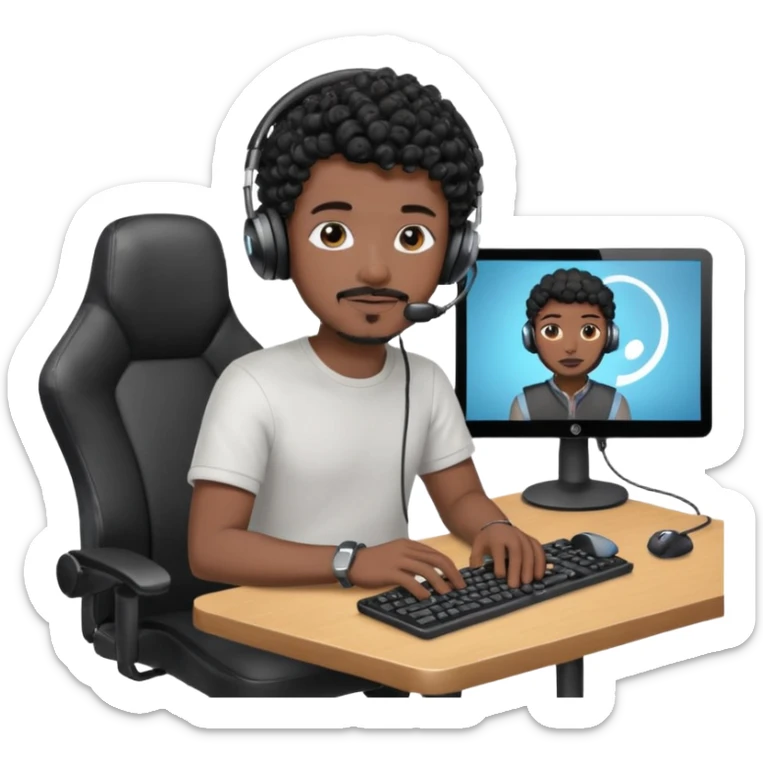 a setup of a youtuber his blach curly short hair, a thin goatee, with a desktop pc on a table, a gaming chair, microphone, ring light sticker