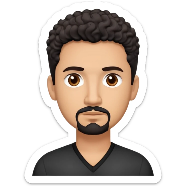 Latino theatre director with light cinnamon skin. Structured face with defined features. Critical dark brown eyes. Thoughtful expression. Well-groomed black goatee with some gray. Short curly dark hair. Wearing a black V-neck shirt with minimal design. sticker