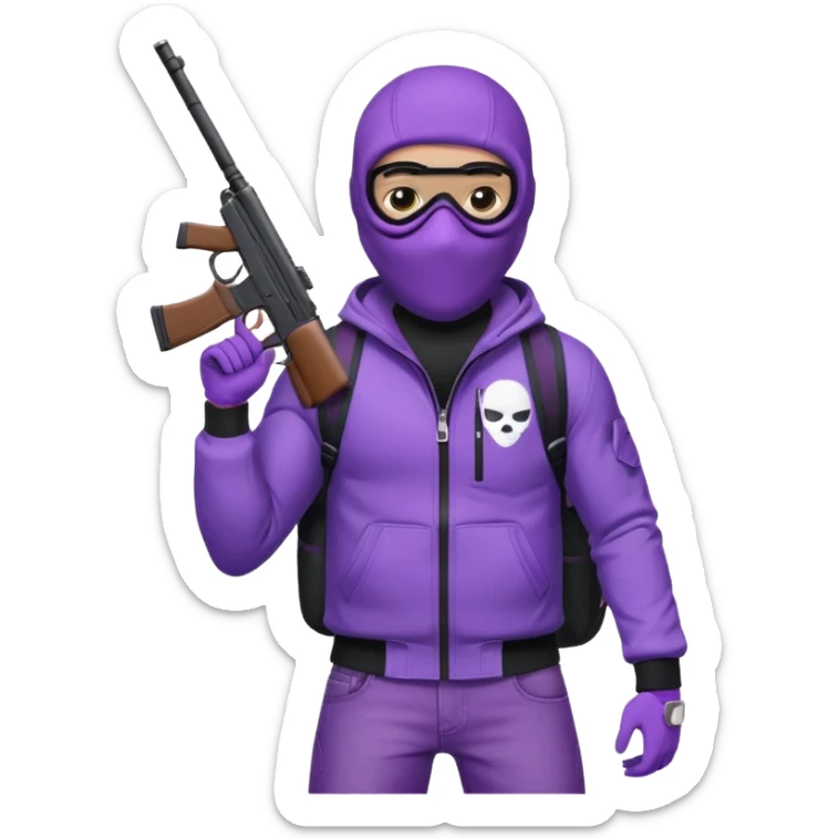 YN wearing a ski mask, holding a gun, purple jeans, Sprayground bookbag, confident stance sticker