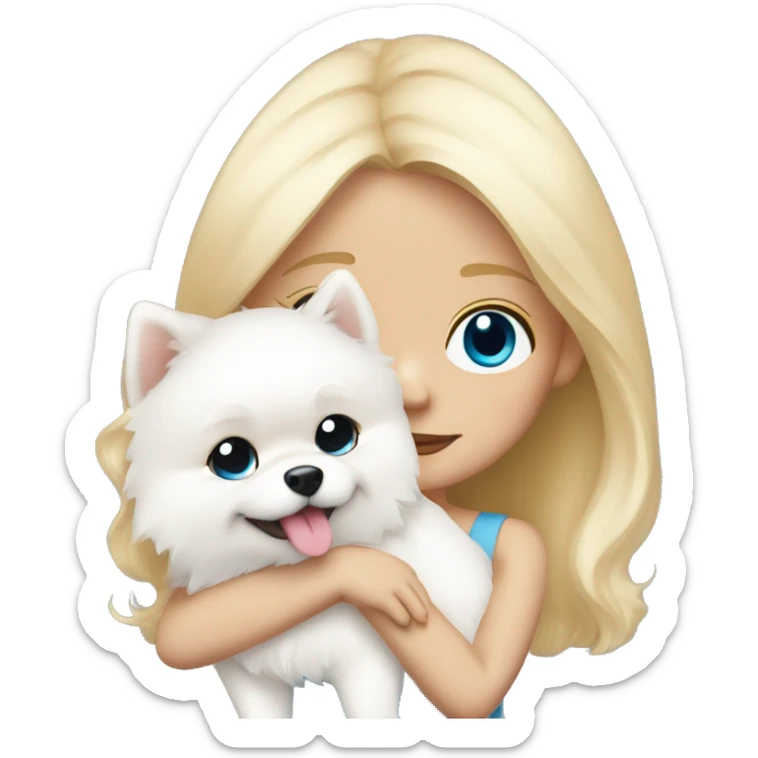 Blond girl white skin blue eyes hugging white Pomeranian with light pink bow sticker