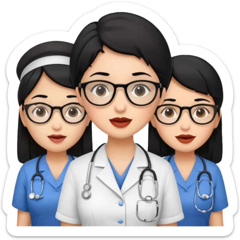 Genera un emogis de 4 enfermeras pelinegra juntas, entre ellas una con un lunar encima del labio y otra con lentes sticker