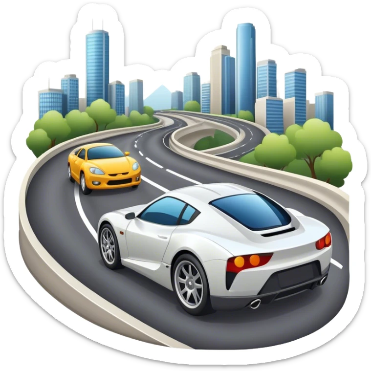 An icon showing a motorcycle and car speeding through a cityscape, with roads and curves ahead. The vehicles leave dynamic trails of speed, representing the thrill of racing and adventure. The background is transparent, focusing on the power and freedom of both cars and motorcycles. sticker
