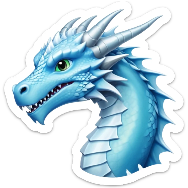 Cinematic Noble elegant Ice Dragon Portrait Emoji, Poised and imposing, distinct long elegant snout, with a slender, scaled body shimmering in glacial hues of icy blue, frostbitten silver, and crystalline white, breathing out frost, with piercing, glowing eyes that radiate the chilling depths of an arctic storm; rendered in detail. sticker