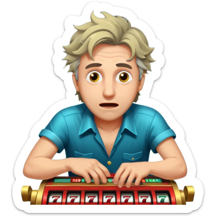 disheveled man losing money at a slot machine, panicked face, coins flying sticker