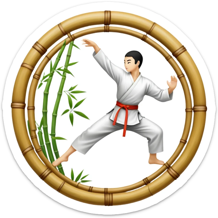 An icon symbolizing Eastern martial arts in the style of an emblem, with a black-and-white Yin-Yang symbol at the center. The design shows a martial artist performing a graceful kick, surrounded by bamboo and traditional elements. Transparent background emphasizes balance and harmony sticker