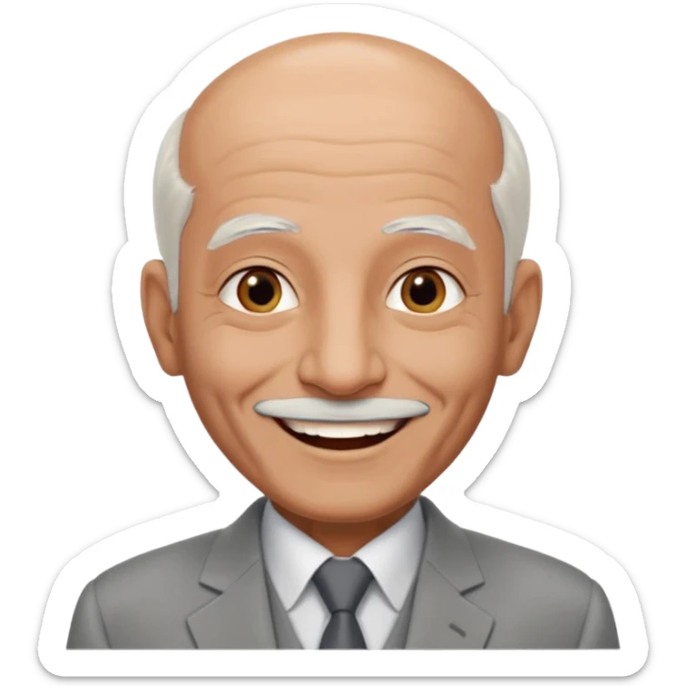 70 yr old man, almost bald, some white hair, pakistani, light grey business suit, big smile, dark brown skin, no moustache
 sticker